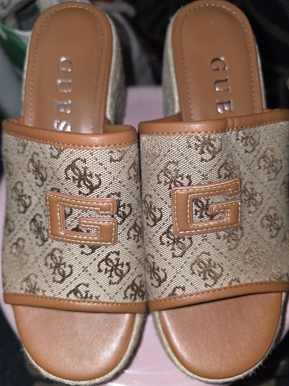 Guess Tan Logo Slide Mules
